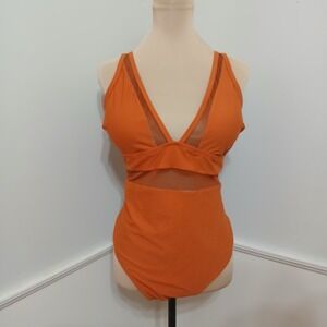 Cupshe Womens Orange Mesh V-Neck One Piece Swimsuit 1X NEW